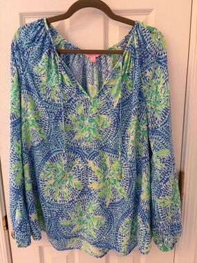 Lilly Pulitzer Blue, Aqua & Green Patterned V-Neck Willa Blouse
